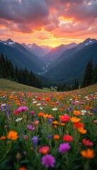 Fototapeta premium Colorful wildflowers bloom in Vail Valley during vibrant sunset. Mountains form majestic backdrop to scenic meadow. Rich green plants, floral variety create picturesque landscape perfect for nature