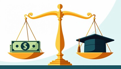 Balance scale weighs money against graduation cap career education value versus financial wealth. Opportunity, ambition, learning, investment, skill, student achievement, future development, job