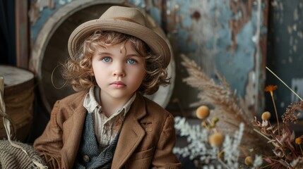 Little boy in vintage style, portrait with hat and brown coat