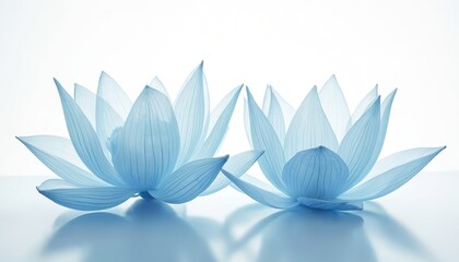 Two delicate blue lotus flowers with x-ray transparency effect. Pastel colors, soft light create serene, peaceful mood. Stylized botanical illustration on clean white background. Floral design
