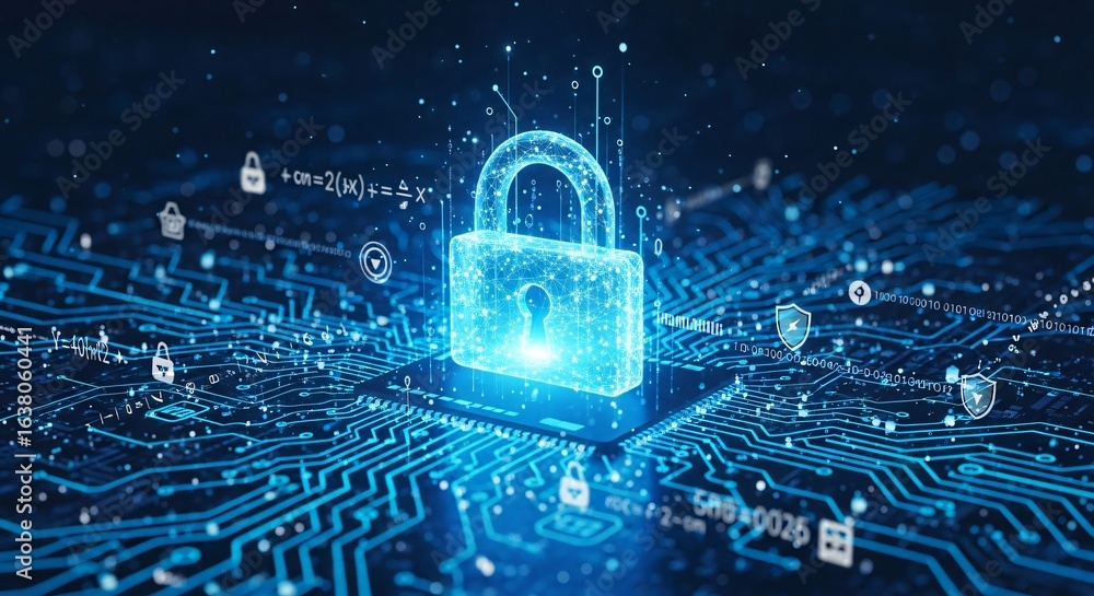 Poster cybersecurity data protection digital lock on circuit board abstract network security concept