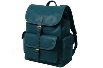 Naklejka premium Stylish teal backpack with buckles, isolated on a transparent background, ready for travel or school