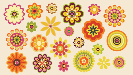 A collection of various colorful retro style flowers arranged on a light background in a flat design