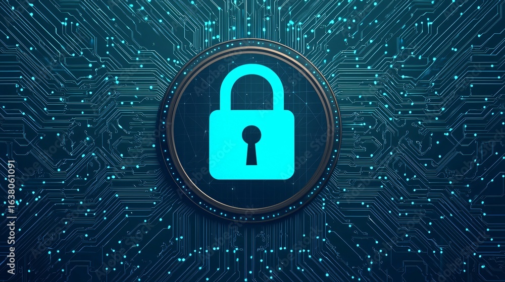 Poster secure data protection cyber security lock on circuit board background