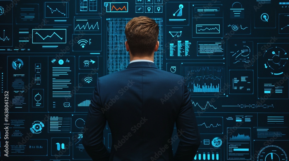 Aufkleber businessman analyzing data on futuristic digital interface big data analytics technology concept