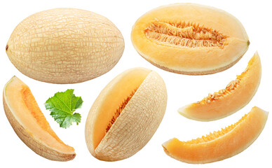 White oval melon and melon slice isolated on white background. Cut out PNG file.