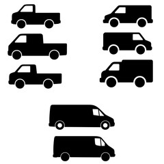 Simple Black Silhouette Icons:  Pickup Trucks and Delivery Vans, Various Sizes, Transportation Graphics, Minimalist Style, Vector Illustration.