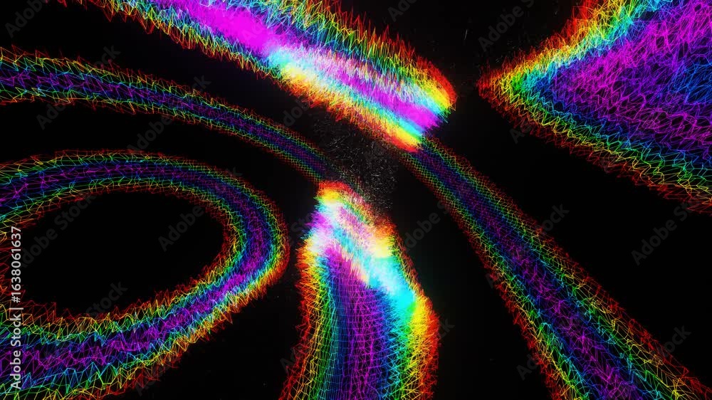 Poster abstract glowing rainbow light trails with a fuzzy texture curve and intersect against a dark backgr