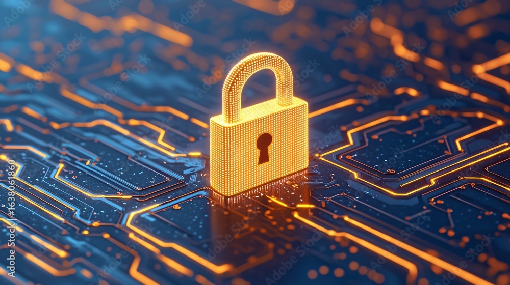 Poster glowing padlock on circuit board digital security cyber protection data encryption concept