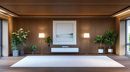 Fototapeta premium Modern interior space with wooden walls, minimalist furniture, and plants during daylight