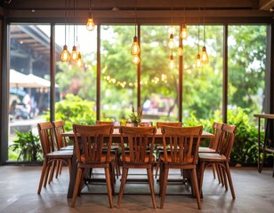 Fototapeta premium Wooden Dining Table and Chairs in Cozy Cafe with Warm Lighting