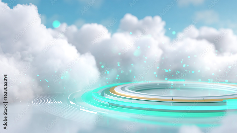 Poster futuristic glowing circular platform surrounded by clouds and light particles, close-up