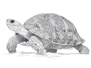 Intricate black and white detailed pencil drawing of a turtle walking on sand