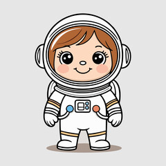 Charming astronaut character with oversized helmet and playful expression, surrounded by colorful space gadgets and friendly aliens.