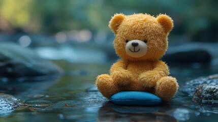 Teddy bear meditating on a cushion in a serene water setting