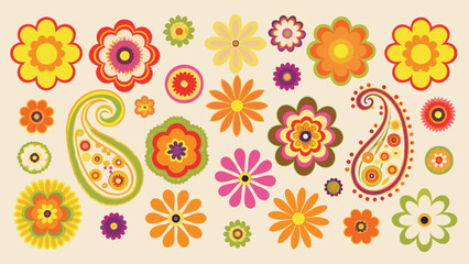 Illustration featuring a collection of colorful flowers and paisley designs on a light background