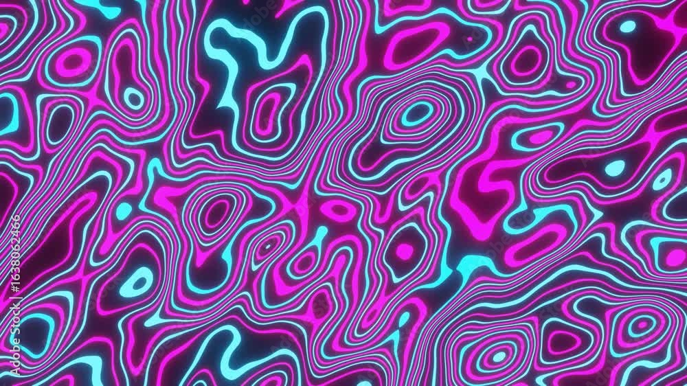 Poster abstract swirling pattern of vibrant magenta and cyan glowing lines creating a mesmerizing, organic,