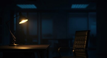  Cinematic Night Office Background with Desk Lamp Glow and Dark, Moody Blurred Workspace