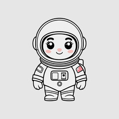 Sweet cartoon astronaut with rosy cheeks, playfully interacting with a small, fluffy alien creature in a colorful cosmic setting.