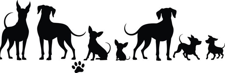Silhouette of various dog breeds and puppies, pet animals in different poses, playful canines with paw print, black vector design.