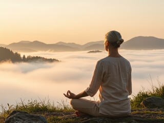 A person meditates atop a mountain at sunrise, overlooking a serene sea of clouds and distant peaks, embodying tranquility and peace.