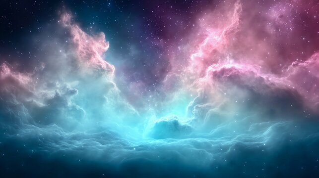 A modern wall mural of abstract deep space, where colorful waves of purple and blue blend into a celestial galaxy.