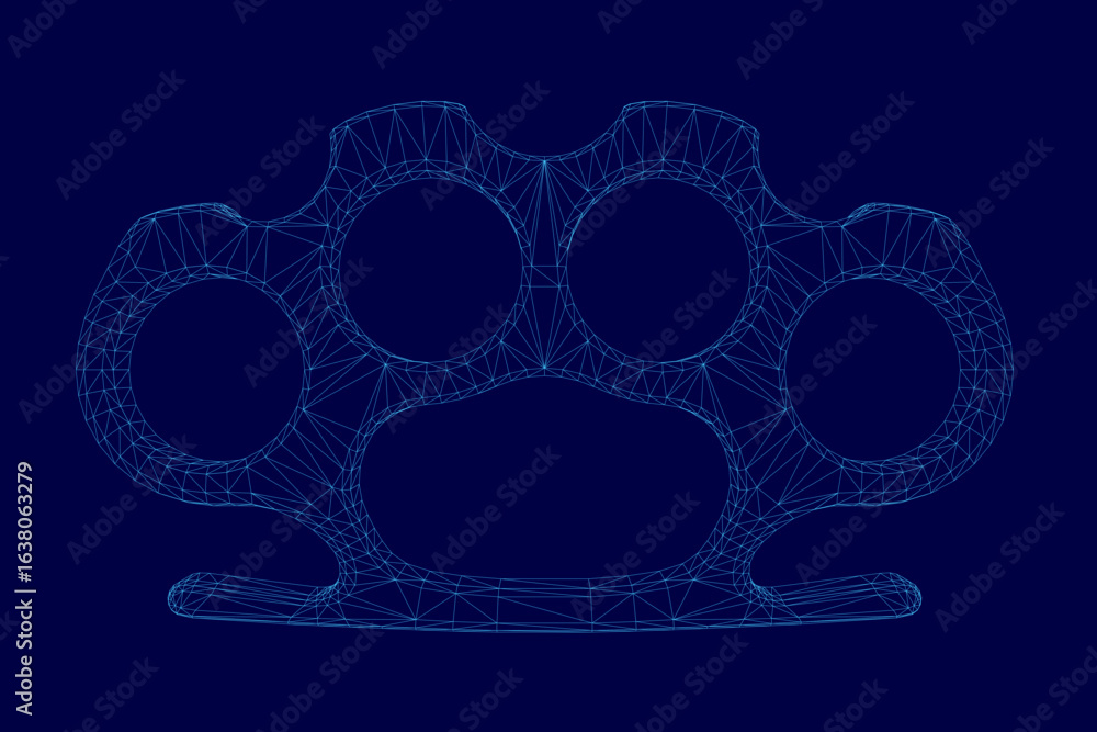 Poster brass knuckles wireframe model with clean geometric lines and metallic sheen, isolated on a solid bl