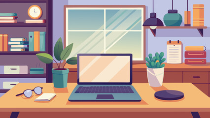 Vector art of cozy home office workspace with a laptop, glasses, plants, and books on a desk in front of a window, featuring a bookshelf and clock