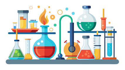 Vector art of colorful laboratory setup with various glassware, chemicals, and a flame, representing scientific research and experiments