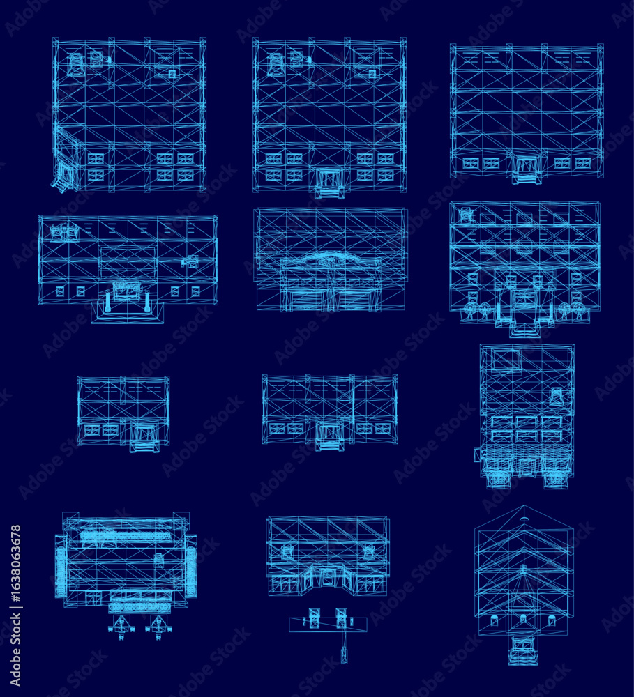 Aufkleber a low poly wireframe blueprint of a building on a blue background, showcasing detailed architectural