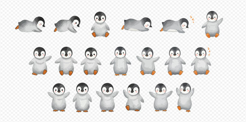 A charming collection of illustrated baby penguin chicks in various cute poses and expressions, isolated on a transparent background. © studio