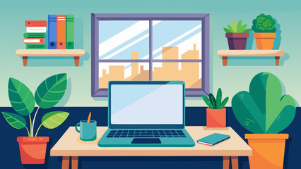 Fototapeta premium Vector art of bright and airy home office with a laptop on a wooden desk, surrounded by plants and a window overlooking a city skyline
