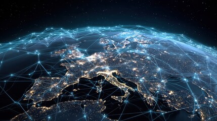 Digital network overlay on the Earth at night, showing global communication hubs and high-tech infrastructure.