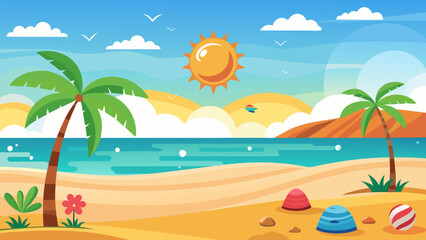 Obraz premium Vector art of vibrant summer beach scene with palm trees, a shining sun, and calm ocean waters under a blue sky with fluffy clouds, evoking a tropical paradise vacation