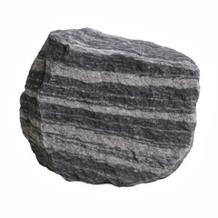 Close-up of a rough, layered gneiss rock specimen showcasing distinct dark and light mineral bands with a textured surface.