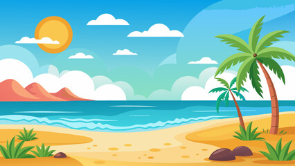 Obraz premium Vector art of beautiful tropical beach with gentle ocean waves, sandy shore, and lush palm trees under a clear blue sky with scattered clouds and distant mountains, evoking tranquility