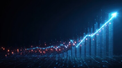 3D glowing blue bar chart with upward trend line and data points, symbolizing business and market growth.
