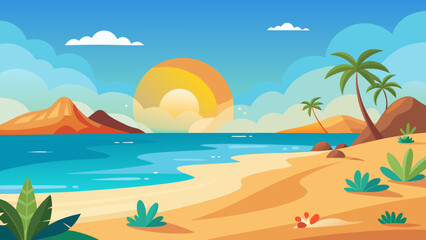 Obraz premium Vector art of stylized cartoon depiction of a beautiful tropical beach at sunset, featuring palm trees, calm sea, golden sand, and a colorful sky, perfect for summer holiday themes
