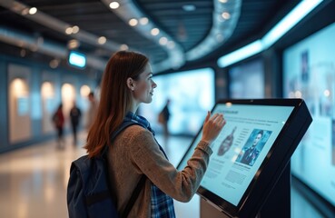 Woman with backpack uses interactive touch screen kiosk at futuristic exhibition museum. Touches display to interact with information. Modern technology showcase indoors with sci-fi inspired interior