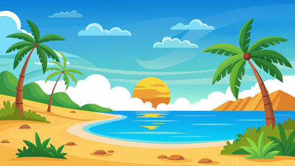 Fototapeta premium Vector art of a picturesque tropical beach scene at sunset, with golden sand, clear blue water, and silhouetted palm trees under a vibrant sky, creating a serene and idyllic paradise