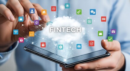 Hands holding a folding smartphone displaying "FINTECH" in a cloud surrounded by app icons, representing financial technology.