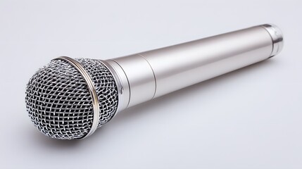 Silver microphone with a metal grill.