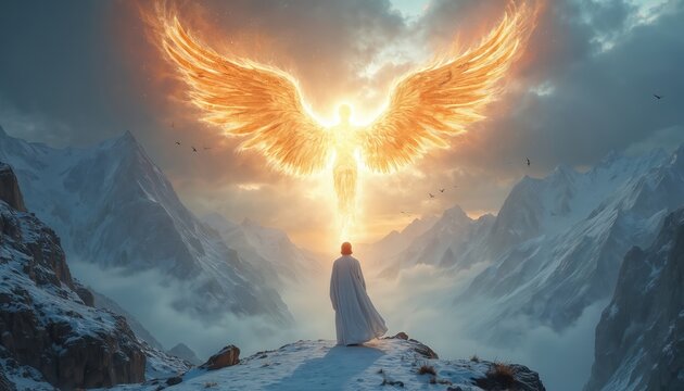 Hyper realistic image mystical divine encounter with radiant angelic figure with fiery wings. Solitary person stands on snowy mountain peak, bathed in heavenly light. Noncanonical religious text