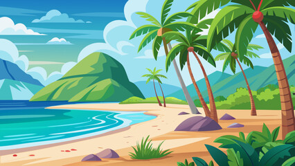 Obraz premium Vector art of tropical island beach with palm trees and turquoise water under a blue sky with clouds