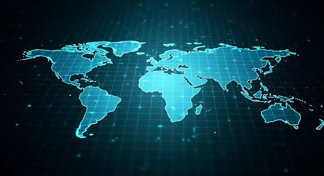 An abstract digital globe with a binary code overlay represents global communication and technology