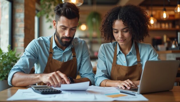 Two young cafe owners, African American woman, man, collaborate on bookkeeping. Analyze finances, review paperwork, use laptop, calculator to track expenses, revenue for small business startup.