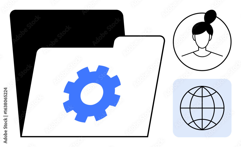 Poster open folder with blue gear icon, user avatar in circular frame, and globe symbol. ideal for data org