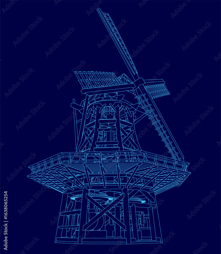 Poster windmill blueprint on a blue background features a detailed contour design with a tall tower and int