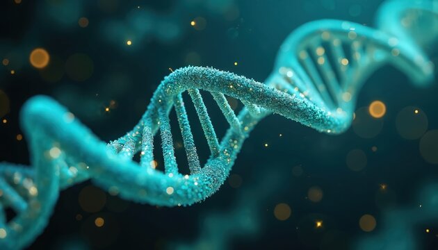 Futuristic genetic analysis chamber features luminous DNA strands rotating in three-dimensional space. Flowing biometric data streams swirl around glowing molecular structure, representing advanced