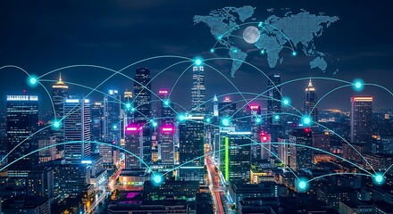 A nighttime cityscape with digital connections overlaying the urban landscape, symbolizing global networking.